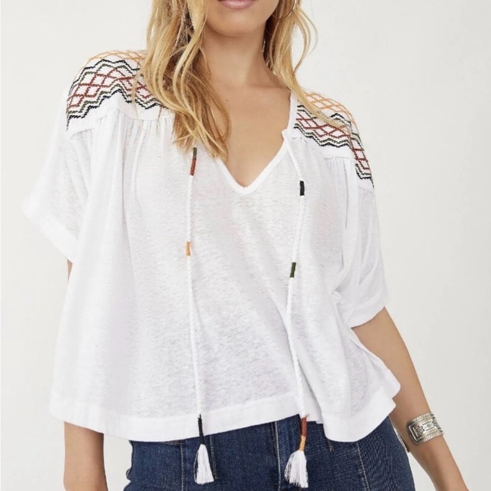 Free People XS White Market Tee Top ~ Boho Hippie Embroidered Oversized